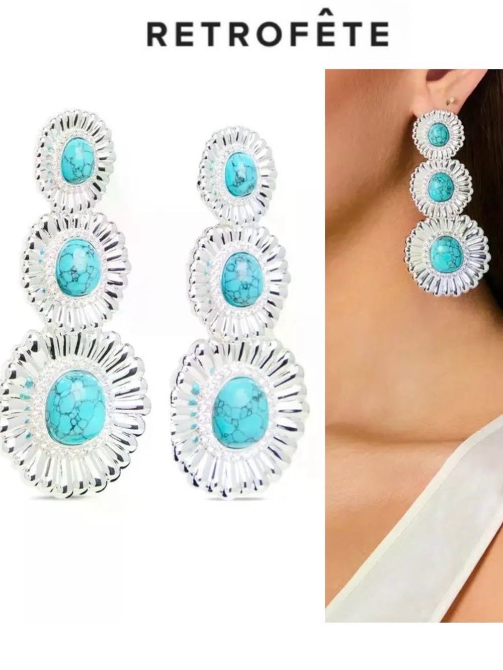 Retrofête Orabella Turquoise Earrings Silver Triple-Drop Statment NWT 198